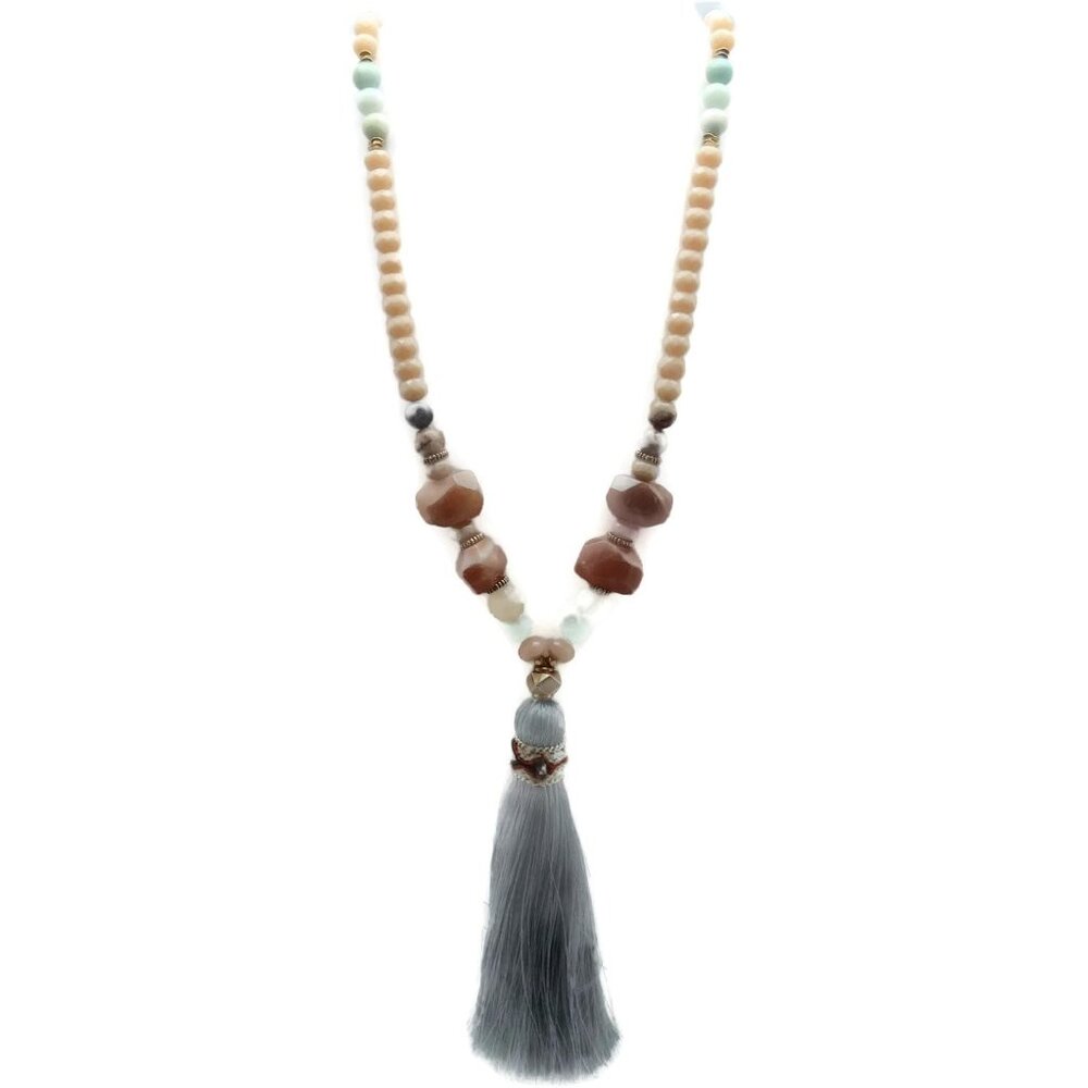 Nakamol Multi-Color Mix Mineral Stone & Crystal Beaded Gold Tassel Necklace NEW